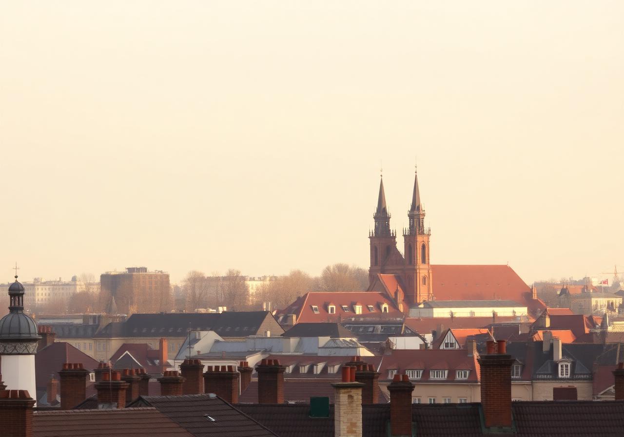 Panorama dachów Krakowa z wieżami Kościoła Mariackiego w tle